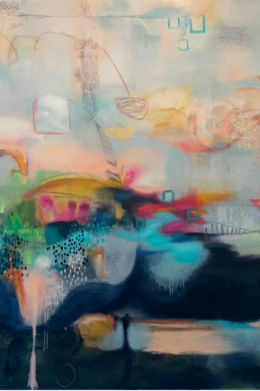 abstract painting mixed colors blue cream teal pink yellow